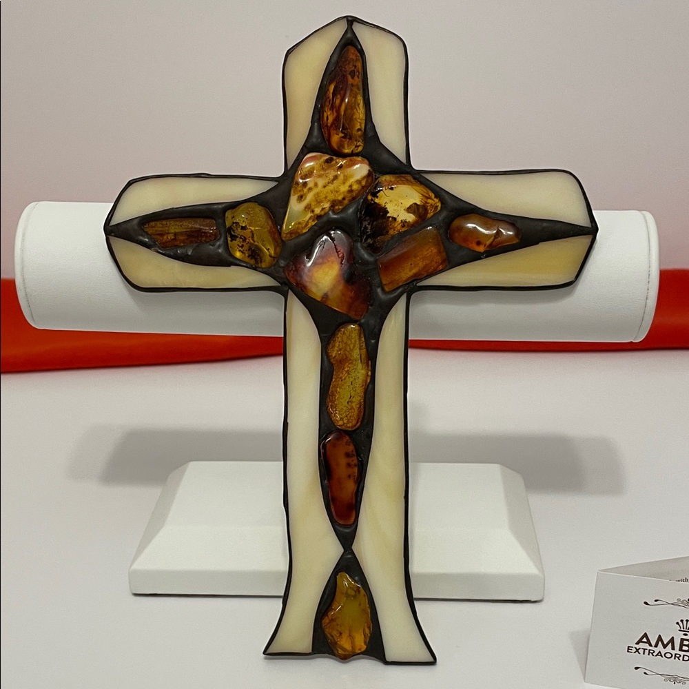 Amber Extraordinaire Amber and Stained Glass Cross - Cream and Brown